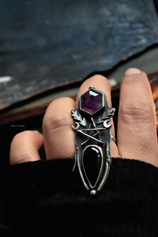 Obsidian and amethyst invocation ring size 8