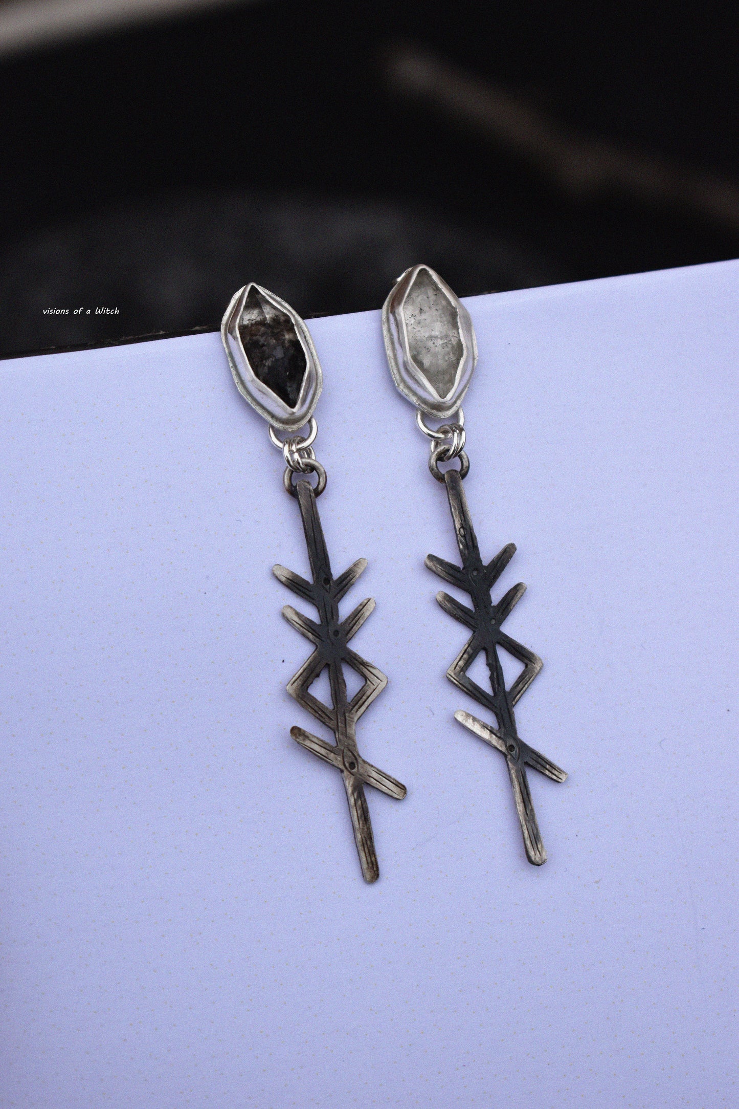 Raven and fog rune earrings with herkimer quartz